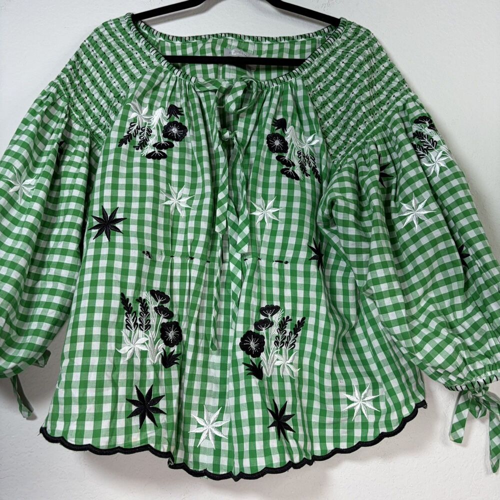 Innika Choo Green Floral Embroidered Smock Gingham Cotton Plaid Top One size